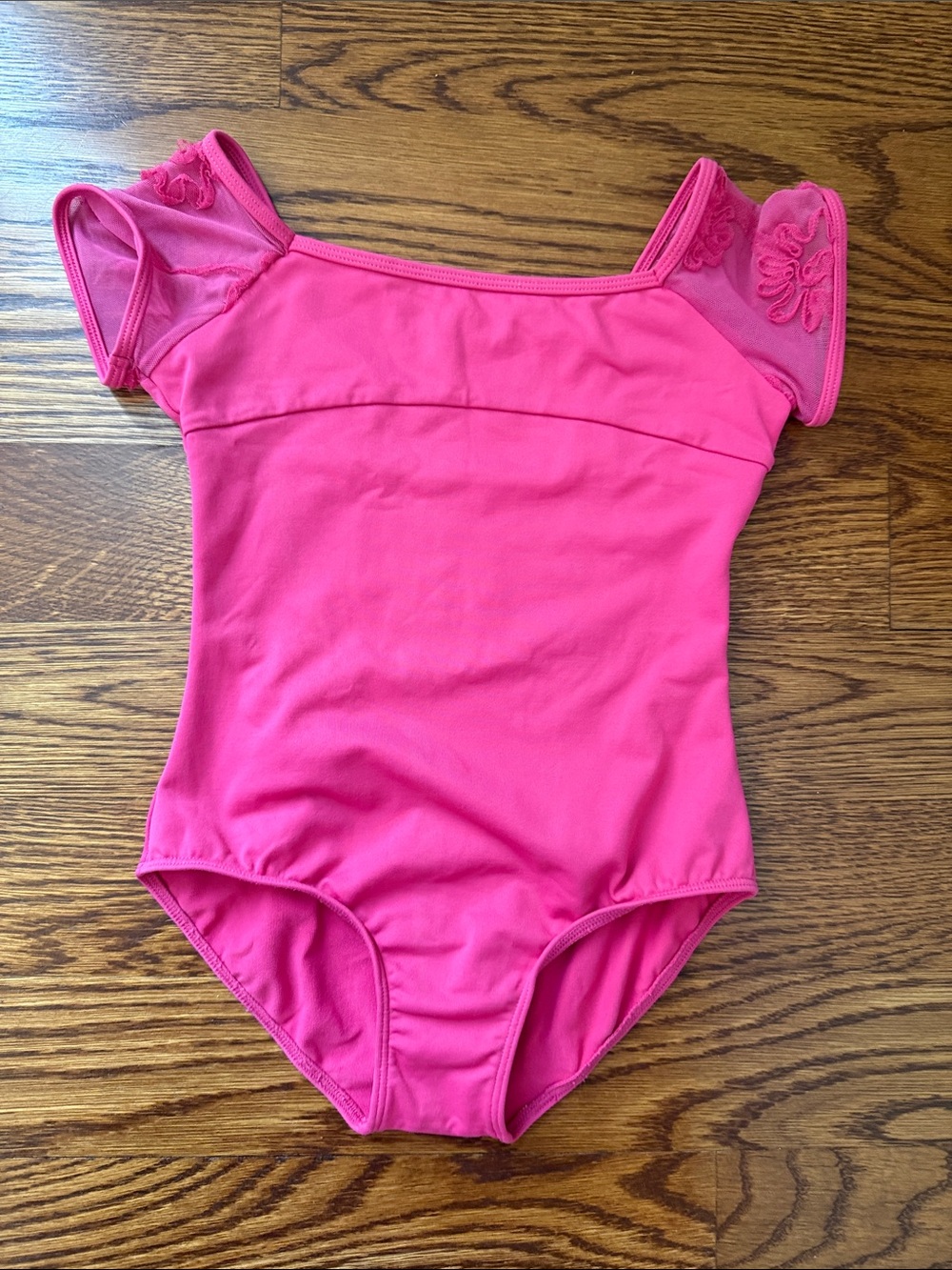 Bloch Pink Mesh Short Sleeve Dance Leotard with Floral Flutter Sleeves
